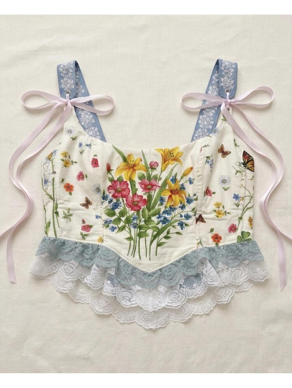 Cottagecore handmade Floral Lace Trim Corset Top XXS-5XL - Picture 4 of 7